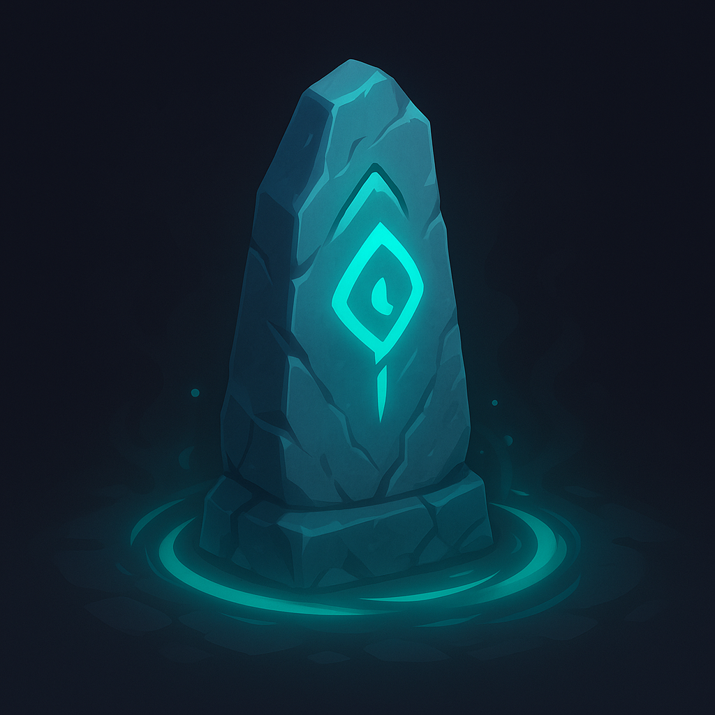 Illustration stylisée d’une stèle magique servant de checkpoint avec une rune turquoise lumineuse, utilisée dans l’épisode 4 de la série Hexa RPG.