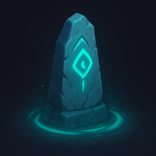 Illustration stylisée d’une stèle magique servant de checkpoint avec une rune turquoise lumineuse, utilisée dans l’épisode 4 de la série Hexa RPG.