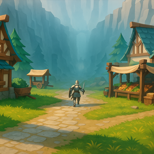 Illustration stylisée du background du menu principal de Hexa RPG avec ambiance légère et couleurs vibrantes.