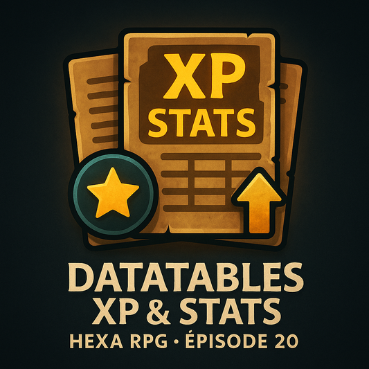 Illustration stylisée représentant les DataTables XP et Stats de Hexa RPG épisode 20.