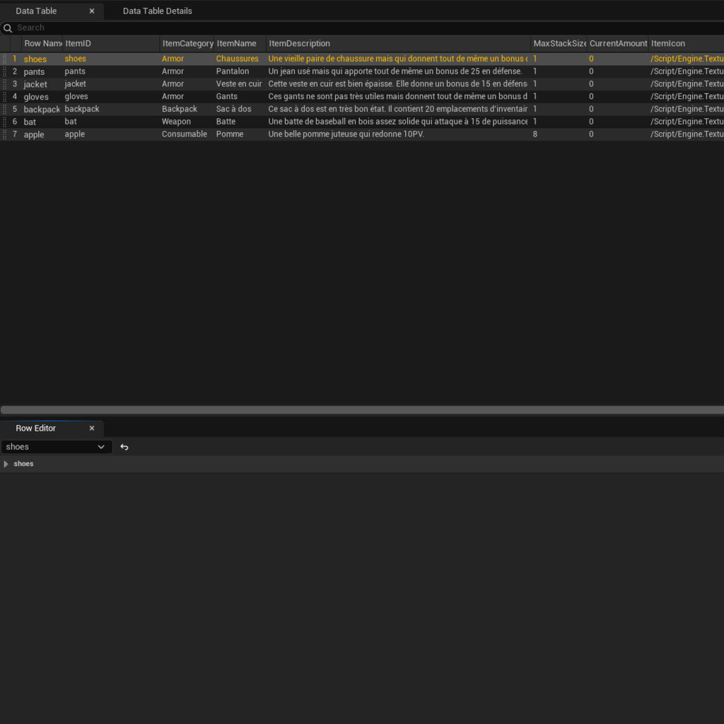 Exemple de DataTable UE5 listant des items utilisés par le système d’inventaire.