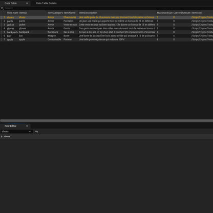 Exemple de DataTable UE5 listant des items utilisés par le système d’inventaire.