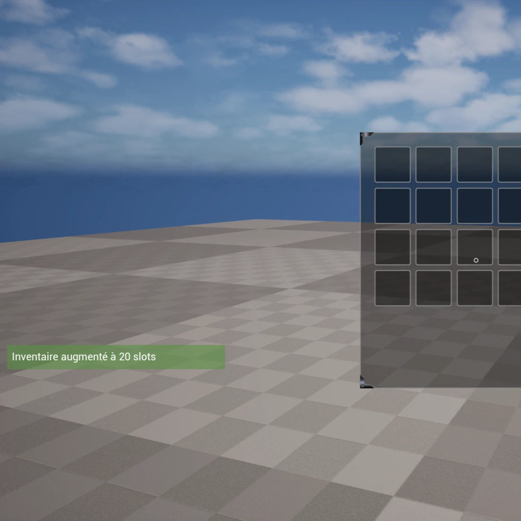 Interface d’inventaire UE5 avec notification d’ajout d’item.