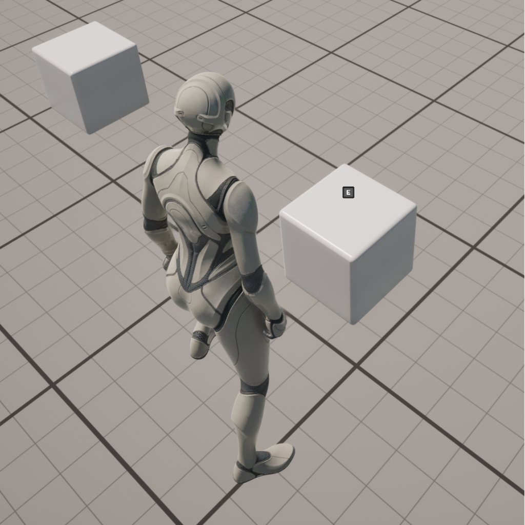 Exemple d’interaction Press dans Unreal Engine 5 : le joueur doit appuyer une seule fois sur la touche affichée pour activer l’interaction.